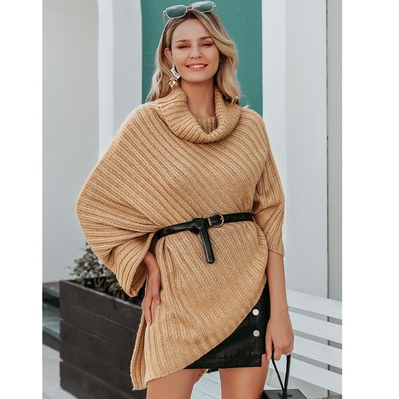 Rouge! Sweaters - Cowl Neck Knit Poncho in Camel